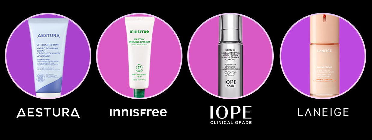 Photo of Aestrua, Innisfree, IOPE and Laneige products and logos