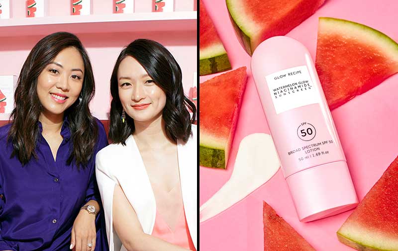 Photo of Glow Recipe Co-founders Sarah Lee and Christine Chang and product shot